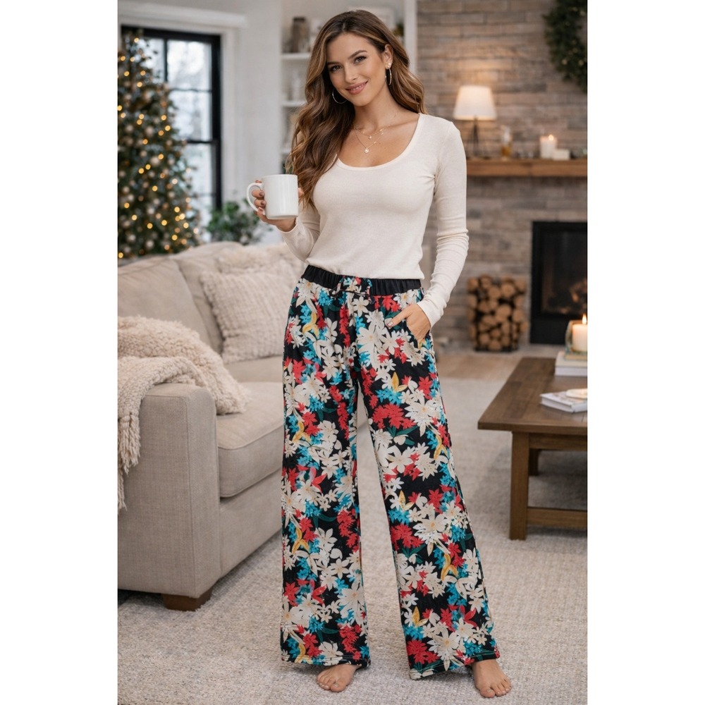 Unbranded Lounge Pants Womens Large Multicolor Floral Print Wide Leg Boho